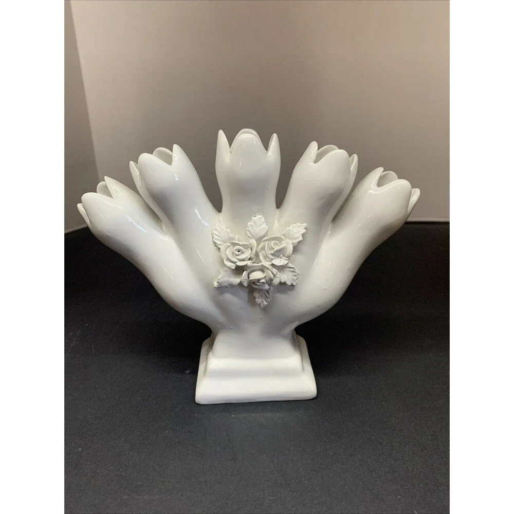 Vintage ELPA Alcobaca Portugal Five Finger White Art Pottery Bud Vase 6 1/2